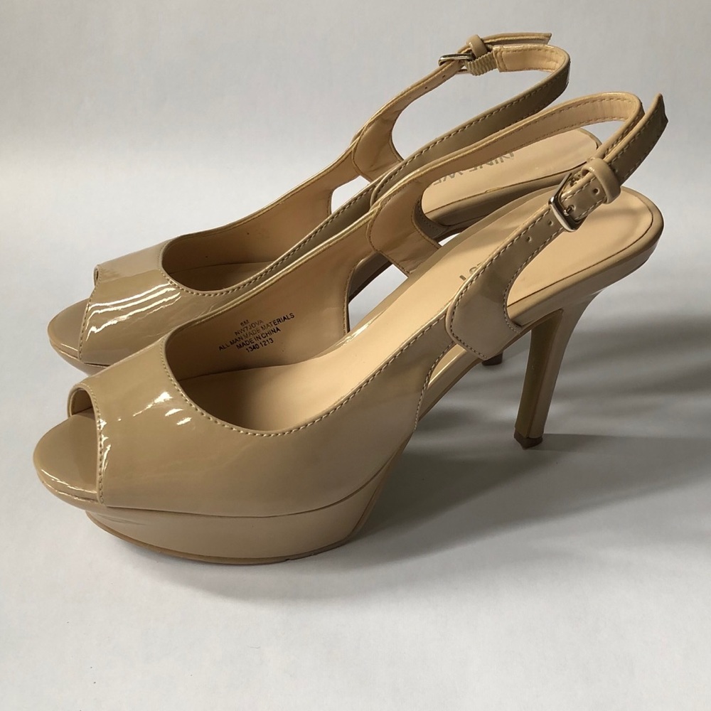 Nude Patent Open-Toe Nine West Pumps